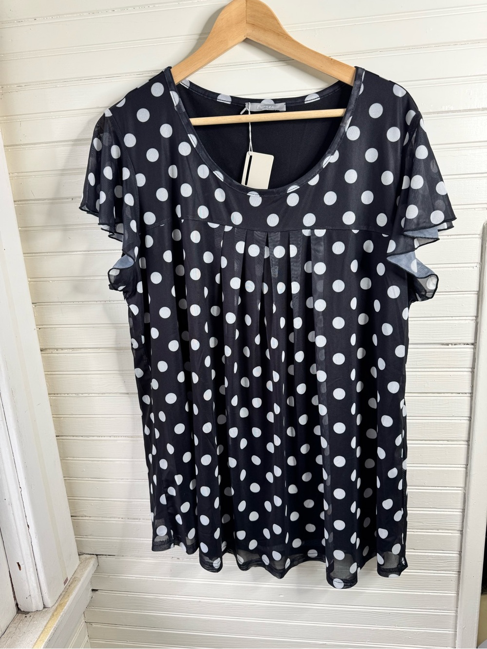 Furnex Black & White Polka Dot Pleated Scoop Neck Blouse - XXXL NWT